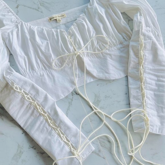 Romantic white puff sleeve tie crop top XS-S - Picture 4 of 4